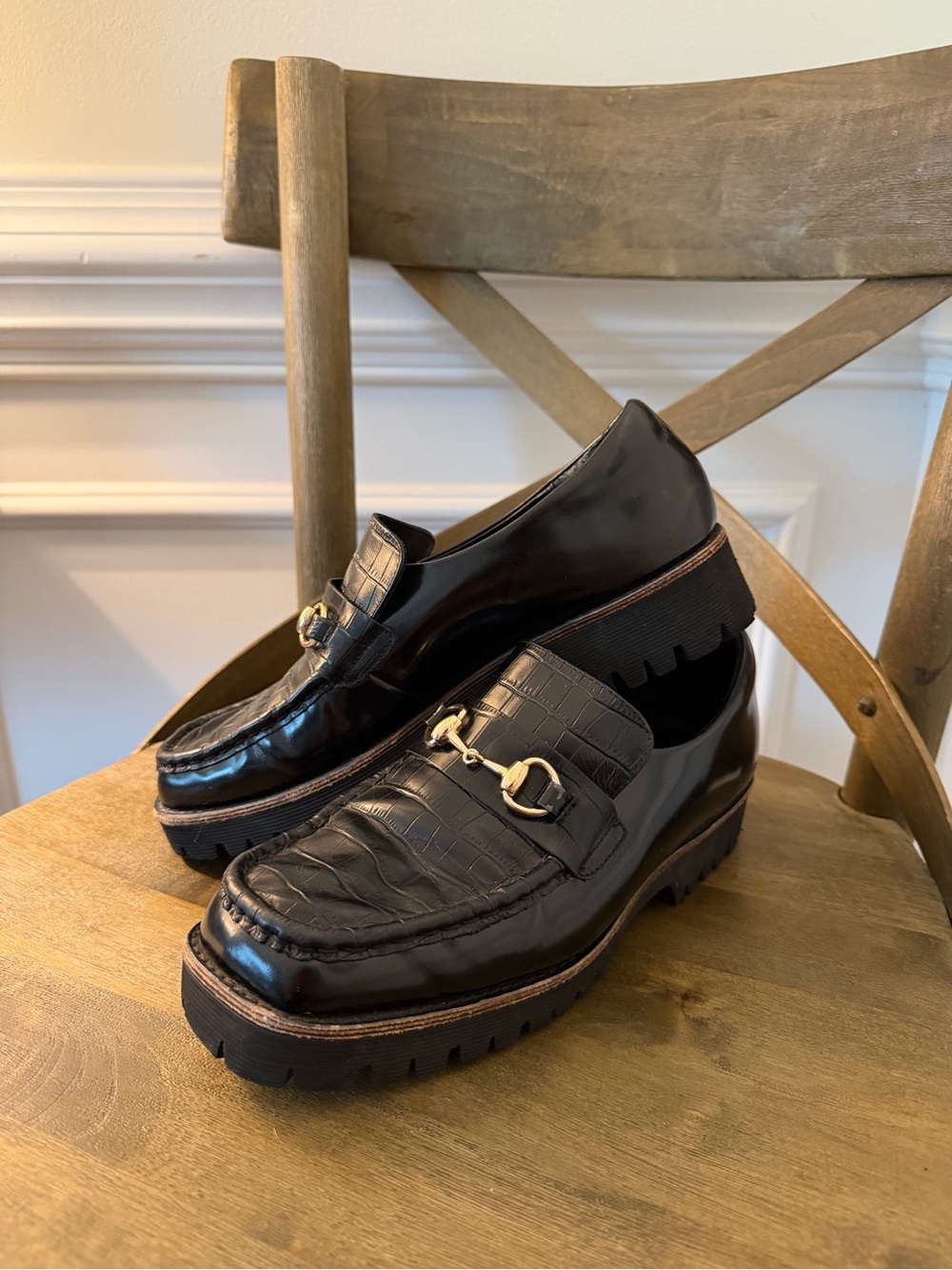 Women's Black Leather Bit Loafers with Lug Sole